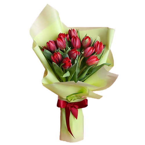Фото товара 15 красных тюльпанов в зелёной упаковке в Умани