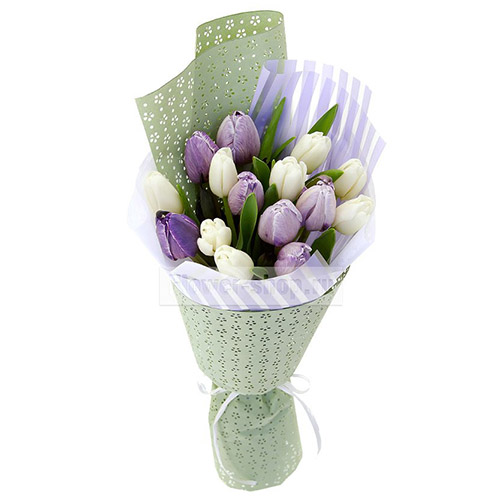 Фото товара 15 бело-фиолетовых тюльпанов в Умани