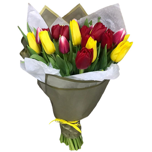 Фото товара 21 красно-жёлтый тюльпан в двойной упаковке в Умани