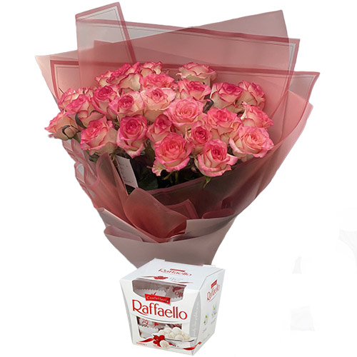 Фото товара 25 розовых роз с конфетами в Умани